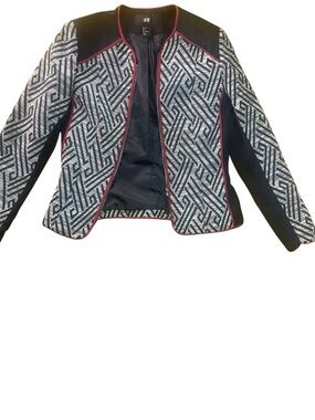 H&M Black and White Geometric Open-Front Jacket with Red Trim